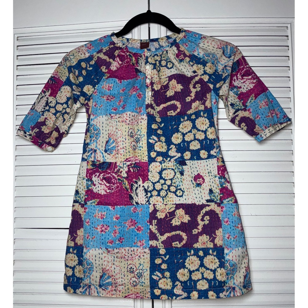 Tea Collection Girls Size 6 Stitch Patchwork‎ Floral Cotton Dress Blue Pink